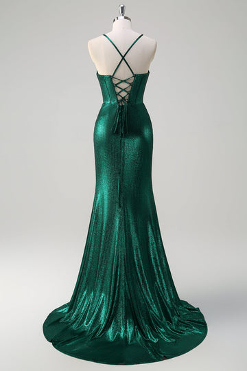 Glitter verde scuro sirena corsetto increspato metallico Abito da cerimonia con fessura
